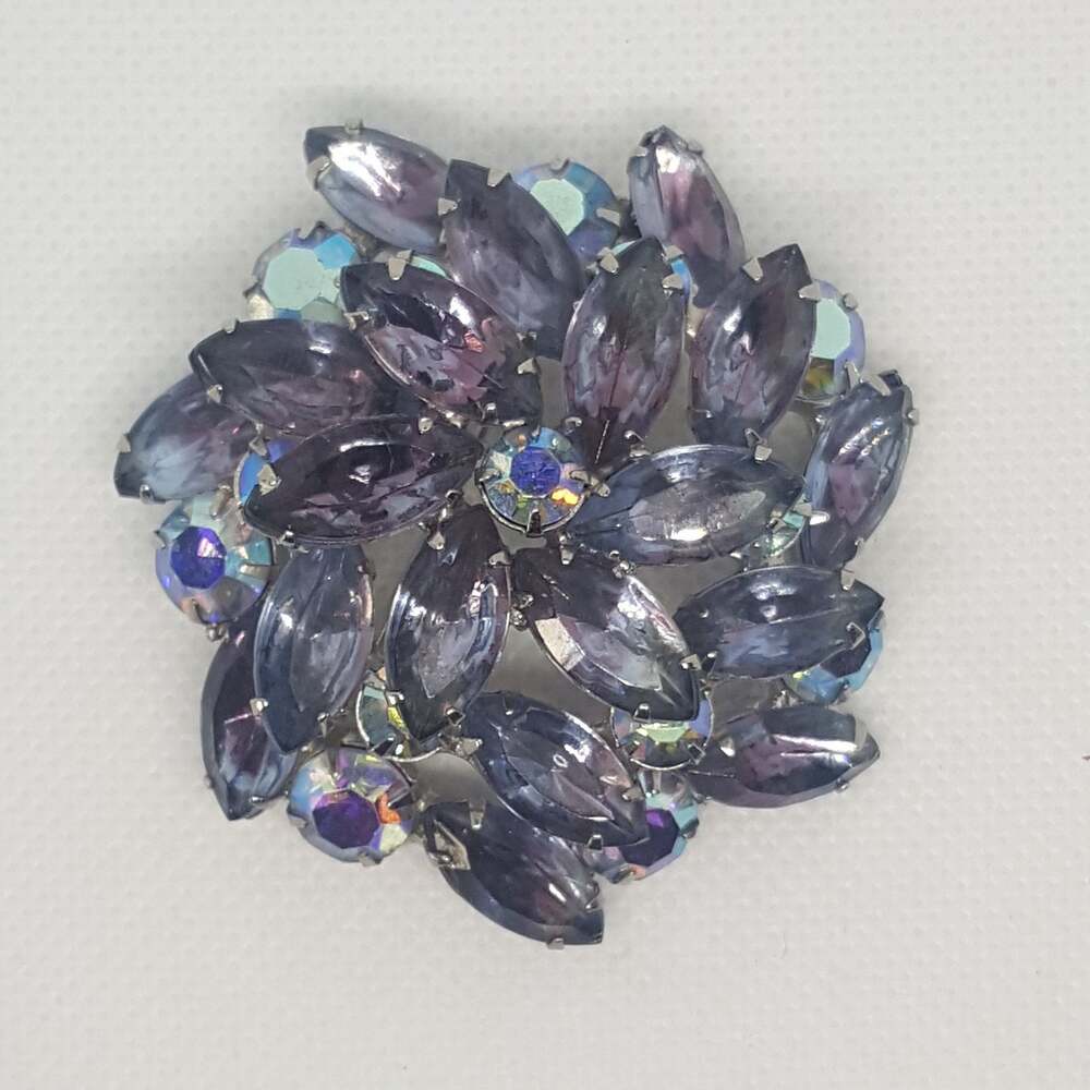 Unsigned Vintage Amethyst and Aqua crystal Dome Brooch